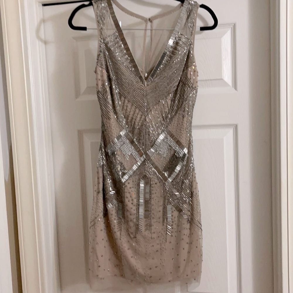 Blush and silver sequin dress